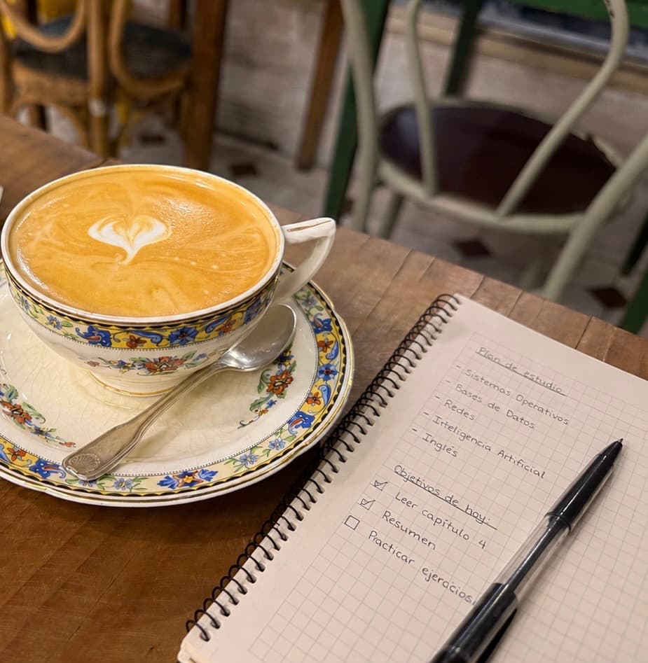 Café con leche y un cuaderno con un plan de estudio sobre una mesa de madera